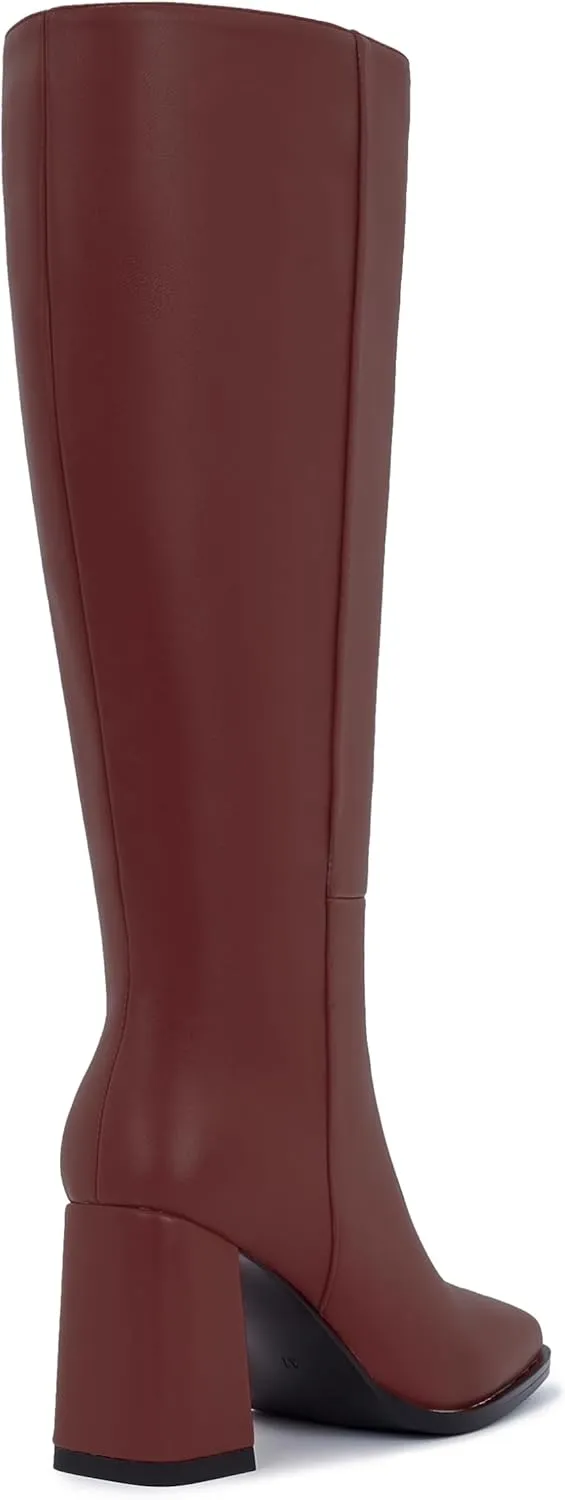 Knee-High Boots for Women - Wide Calf Boots with Zipper, Square Toe Tall Leather Boots, Chunky Heel Fashion Long Boots