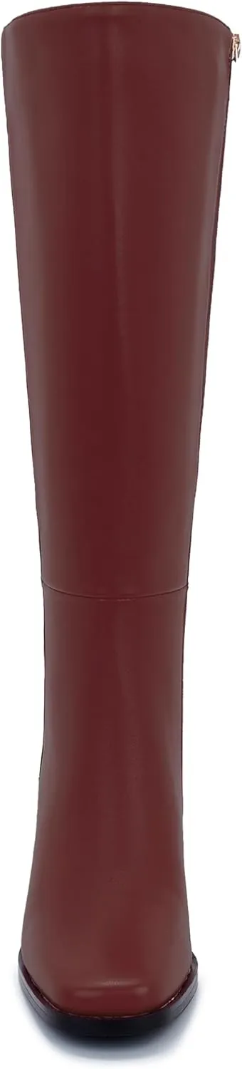 Knee-High Boots for Women - Wide Calf Boots with Zipper, Square Toe Tall Leather Boots, Chunky Heel Fashion Long Boots