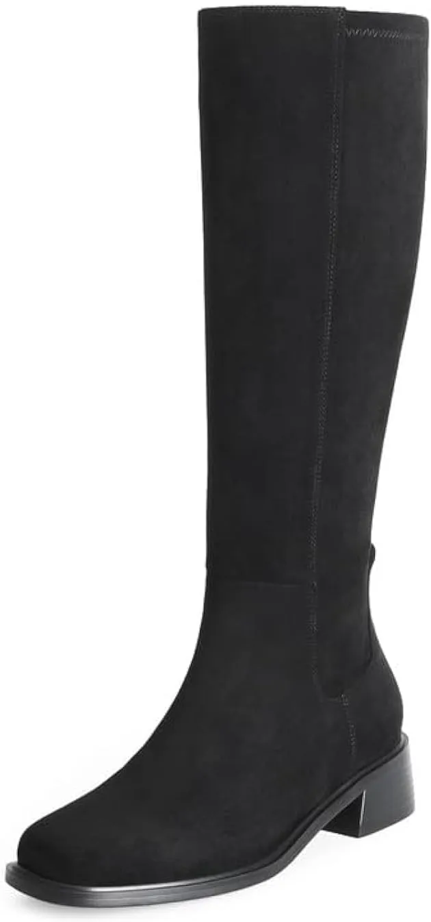 Knee High Boots Women Faux Leather Elastic Boots Low Heel Square Toe Side Zipper Fall Long Tall Boots for Women