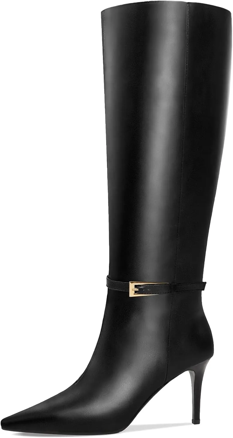 Knee High Boots Women Stiletto High Heel 3.3in, Side Zipper Pointed Toe Metal Buckle Tall Boots Dress Boots for Women, Comfortable Faux Leather Below the Knee Long Boots