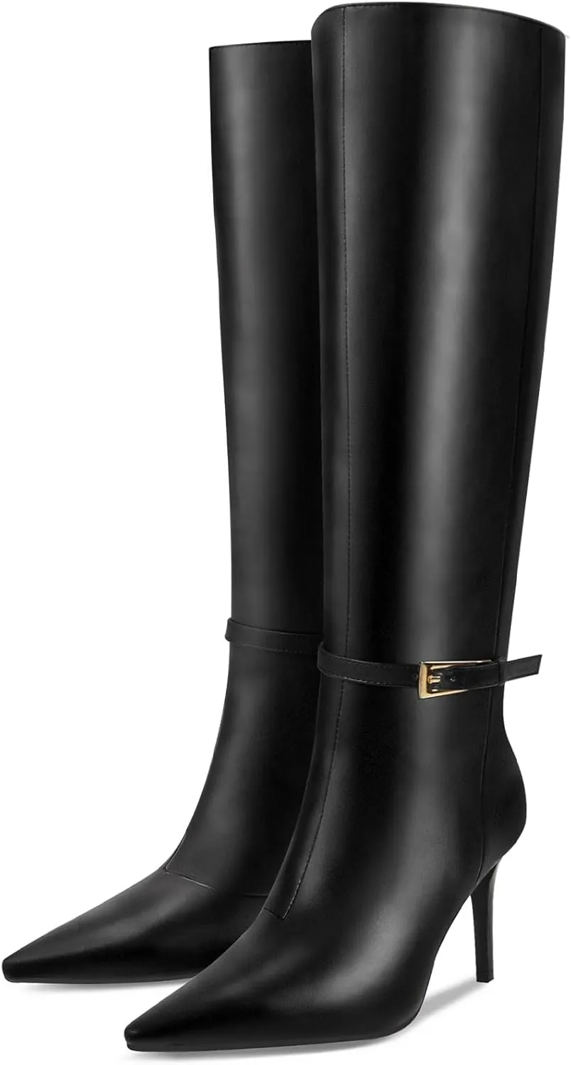Knee High Boots Women Stiletto High Heel 3.3in, Side Zipper Pointed Toe Metal Buckle Tall Boots Dress Boots for Women, Comfortable Faux Leather Below the Knee Long Boots