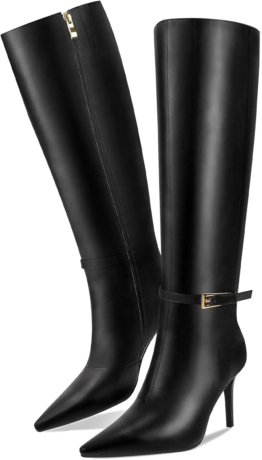 Knee High Boots Women Stiletto High Heel 3.3in, Side Zipper Pointed Toe Metal Buckle Tall Boots Dress Boots for Women, Comfortable Faux Leather Below the Knee Long Boots