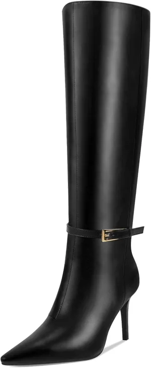 Knee High Boots Women Stiletto High Heel 3.3in, Side Zipper Pointed Toe Metal Buckle Tall Boots Dress Boots for Women, Comfortable Faux Leather Below the Knee Long Boots