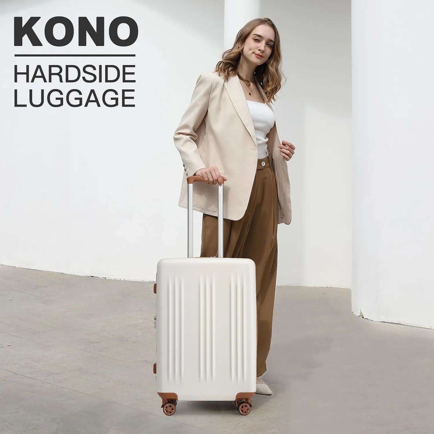 Kono 24 Inch Expandable Luggage with Quiet Spinner Wheels & TSA Lock, Scratch and Drop Resistant ABS & PC Hardside Checked Suitcase (Cream White & Brown)