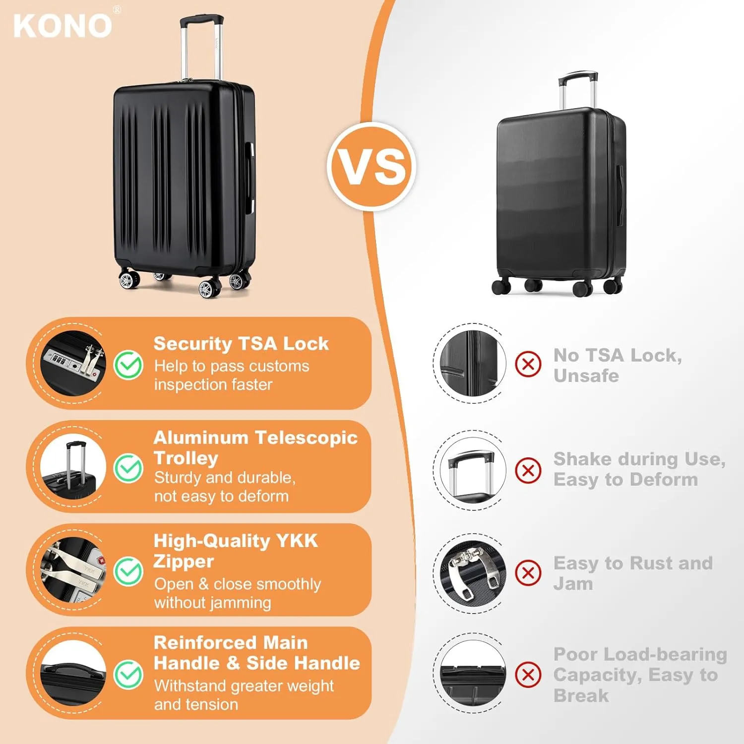 Kono 24 Inch Expandable Luggage with Quiet Spinner Wheels & TSA Lock, Scratch and Drop Resistant ABS & PC Hardside Durable Travel Checked Suitcase (Black)