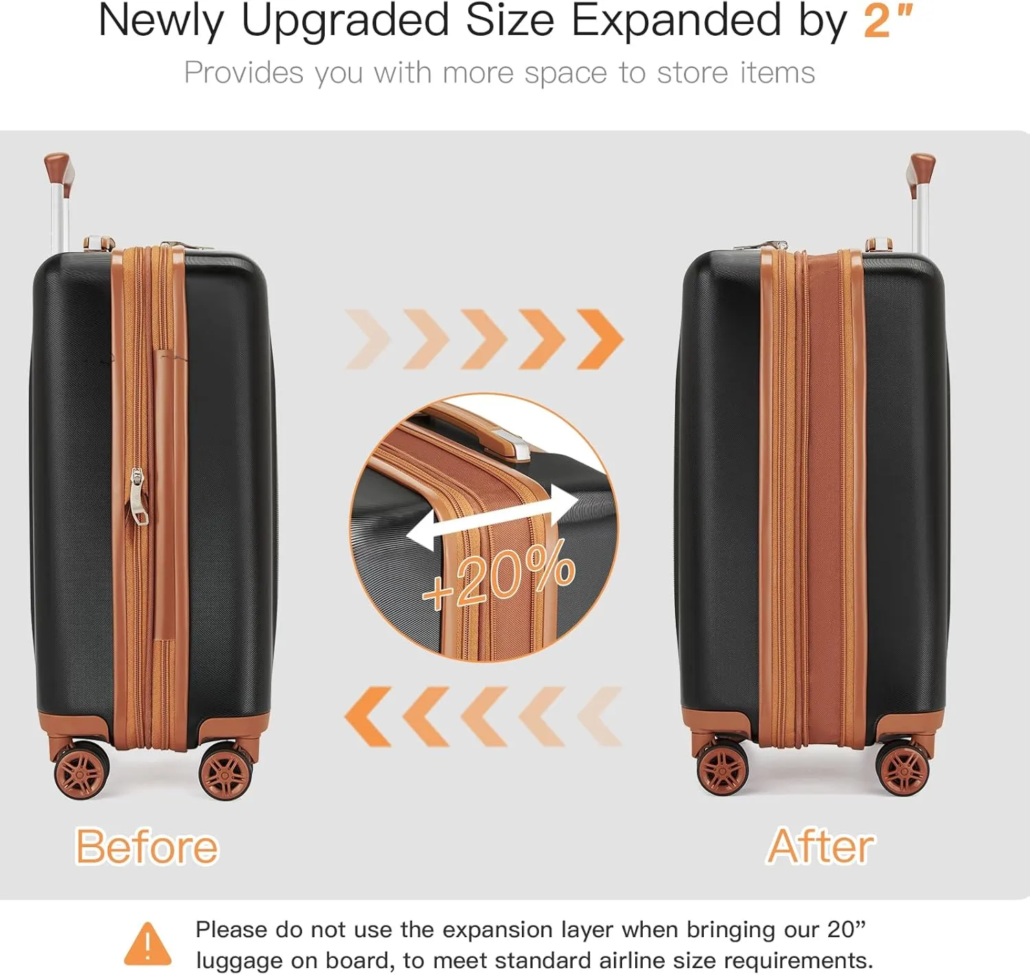 Kono Small 20 Inch Expandable Carry On Luggage with Spinner Wheels & TSA Lock, Scratch and Drop Resistant Hard Shell ABS & PC 22x14x9 Airline Approved Suitcase (Black & Brown)