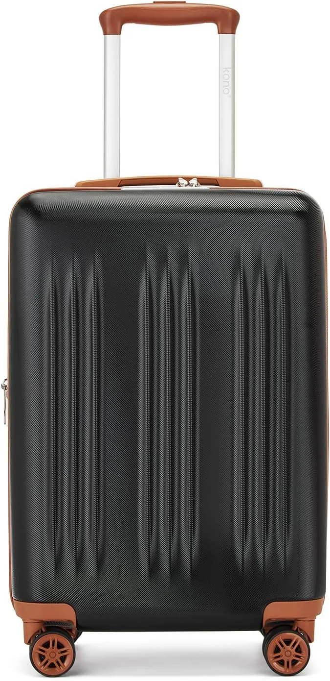 Kono Small 20 Inch Expandable Carry On Luggage with Spinner Wheels & TSA Lock, Scratch and Drop Resistant Hard Shell ABS & PC 22x14x9 Airline Approved Suitcase (Black & Brown)