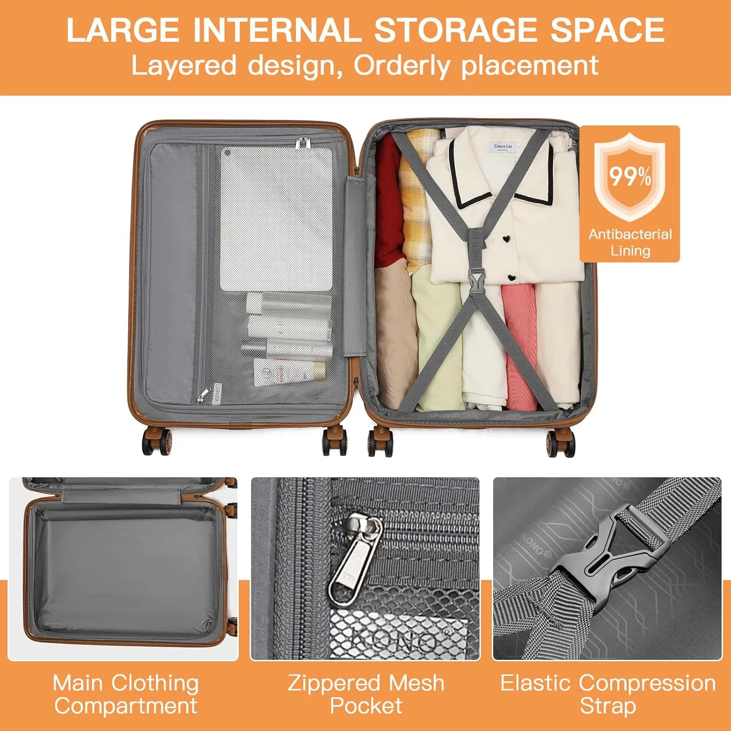 Kono Small 20 Inch Expandable Carry On Luggage with Spinner Wheels & TSA Lock, Scratch and Drop Resistant Hard Shell ABS & PC 22x14x9 Airline Approved Suitcase (Cream White & Brown)