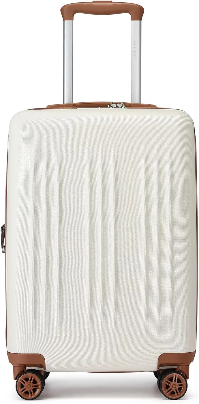 Kono Small 20 Inch Expandable Carry On Luggage with Spinner Wheels & TSA Lock, Scratch and Drop Resistant Hard Shell ABS & PC 22x14x9 Airline Approved Suitcase (Cream White & Brown)