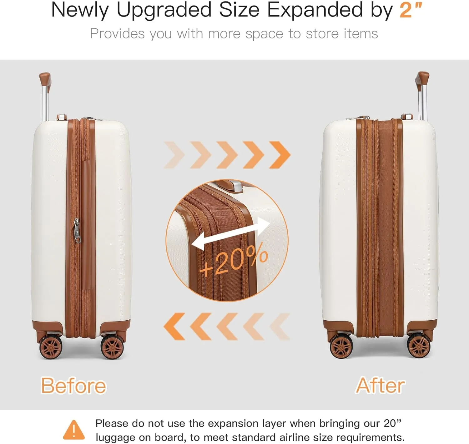 Kono Small 20 Inch Expandable Carry On Luggage with Spinner Wheels & TSA Lock, Scratch and Drop Resistant Hard Shell ABS & PC 22x14x9 Airline Approved Suitcase (Cream White & Brown)