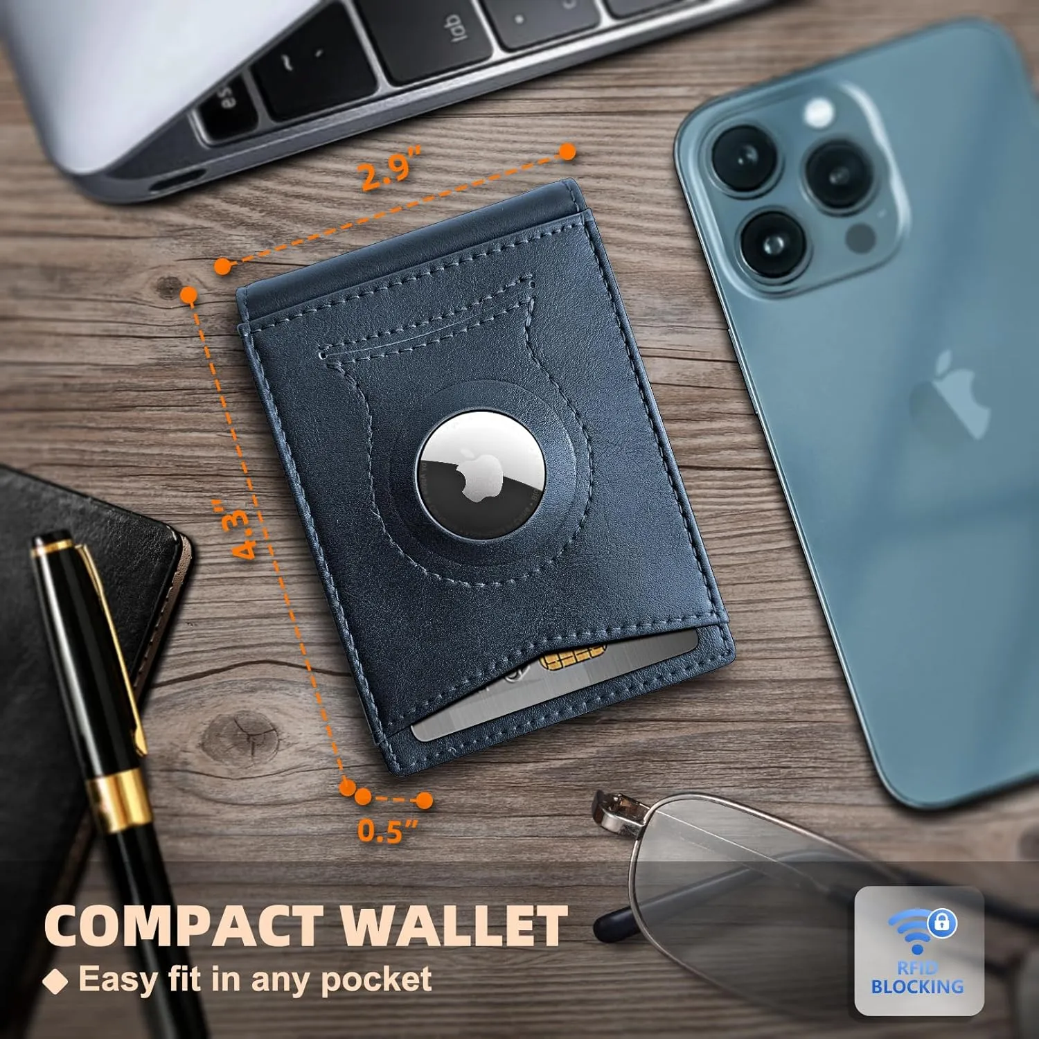 KS Mens Wallet Gift Airtag or Standard Use,Slim Front Pocket Leather Wallet Money Clip 11 cards RFID Blocking