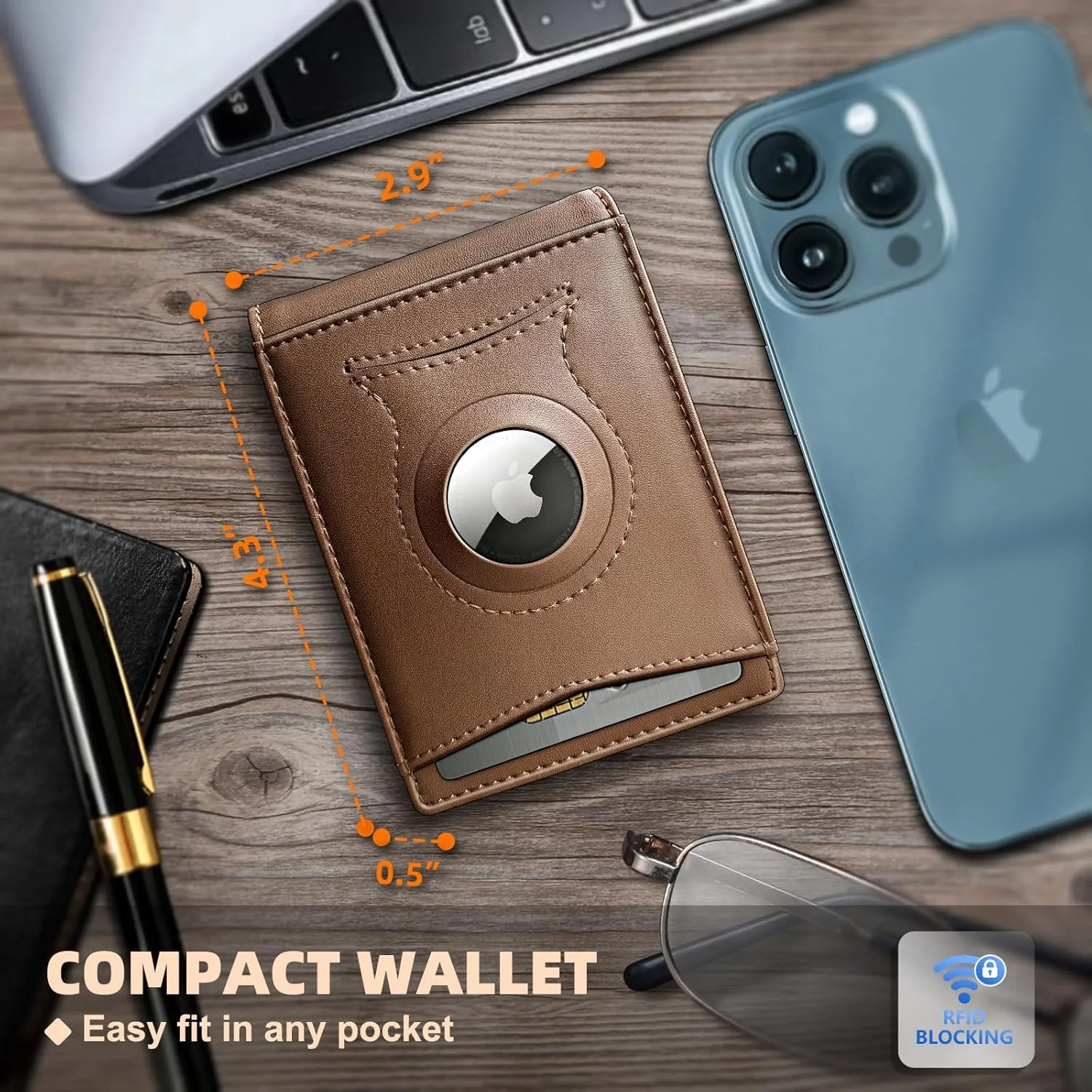 KS Mens Wallet Gift Airtag or Standard Use,Slim Front Pocket Leather Wallet Money Clip 11 cards RFID Blocking