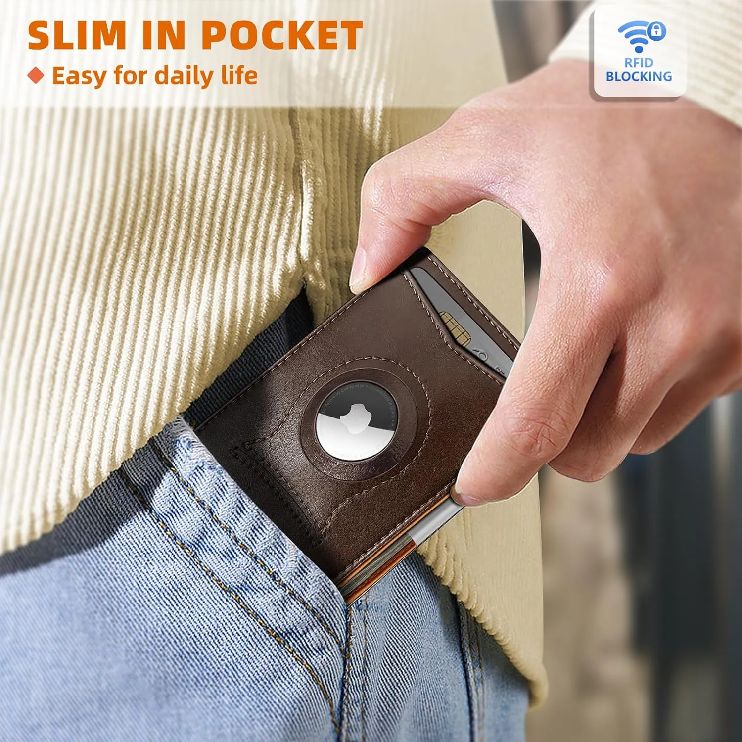 KS Mens Wallet Gift Airtag or Standard Use,Slim Front Pocket Leather Wallet Money Clip 11 cards RFID Blocking