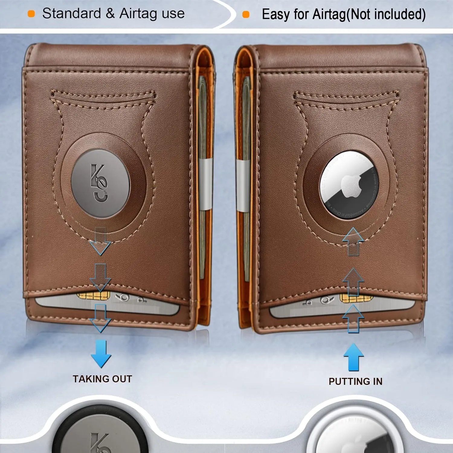 KS Mens Wallet Gift Airtag or Standard Use,Slim Front Pocket Leather Wallet Money Clip 11 cards RFID Blocking