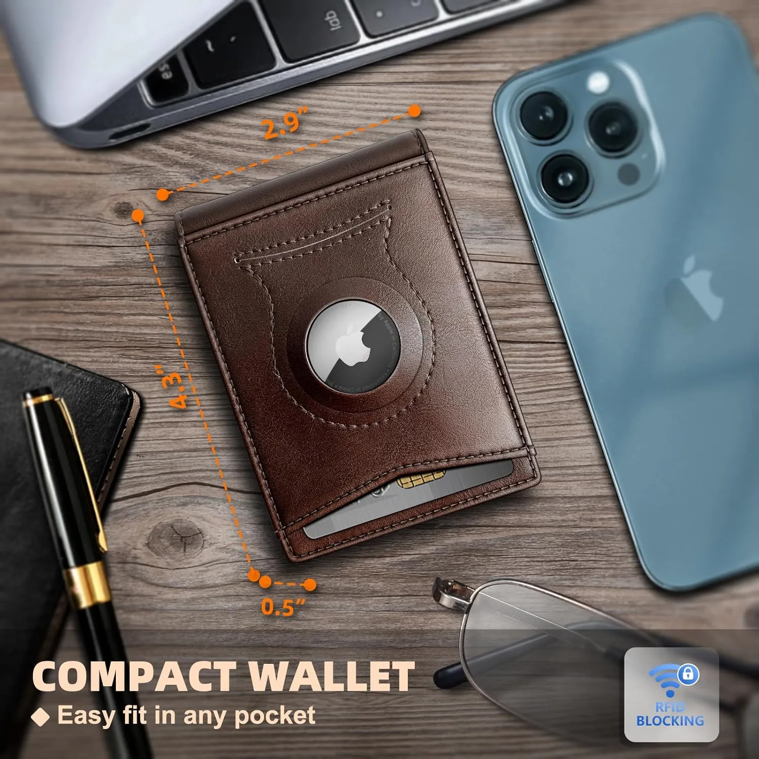 KS Mens Wallet Gift Airtag or Standard Use,Slim Front Pocket Leather Wallet Money Clip 11 cards RFID Blocking