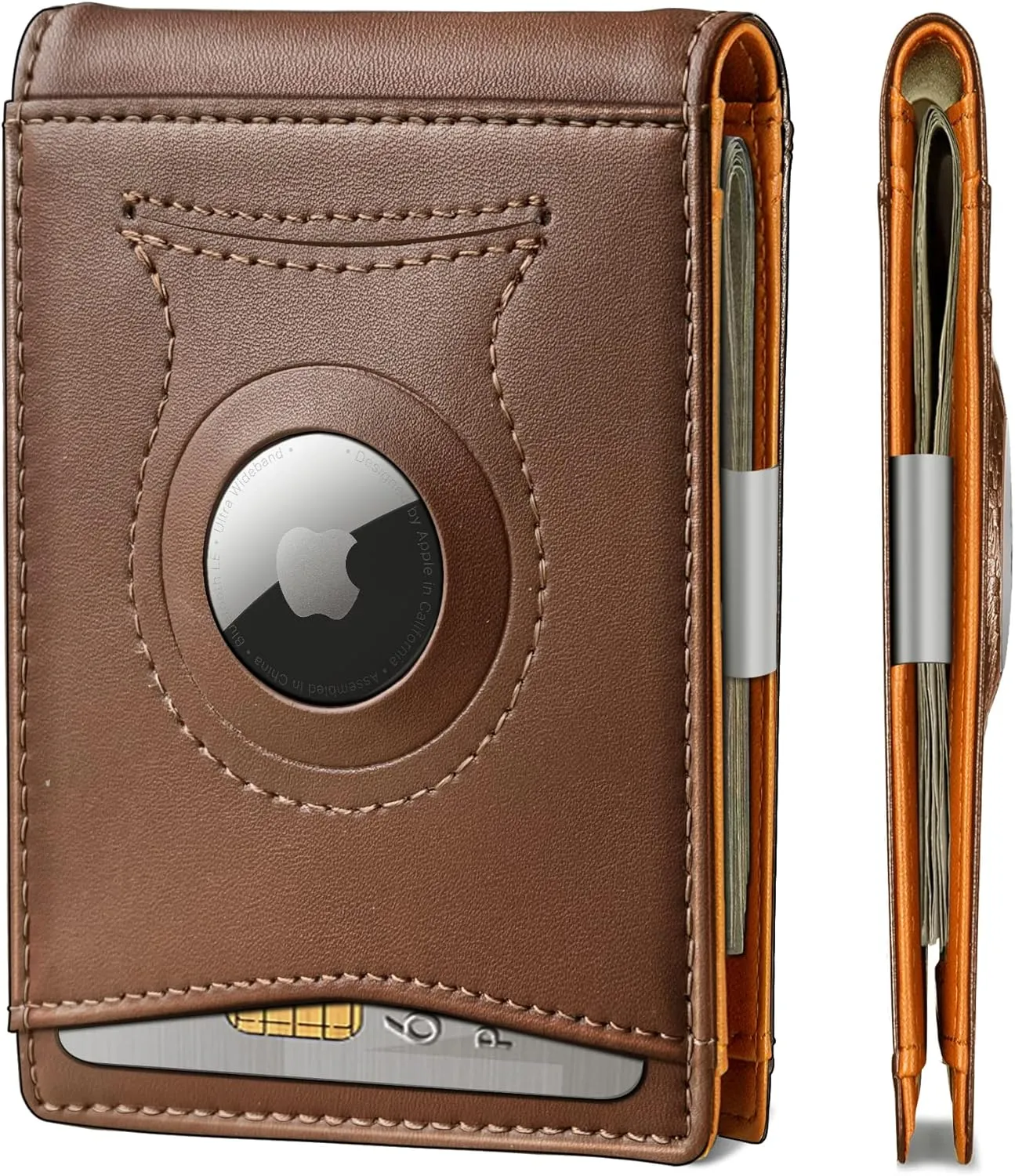 KS Mens Wallet Gift Airtag or Standard Use,Slim Front Pocket Leather Wallet Money Clip 11 cards RFID Blocking
