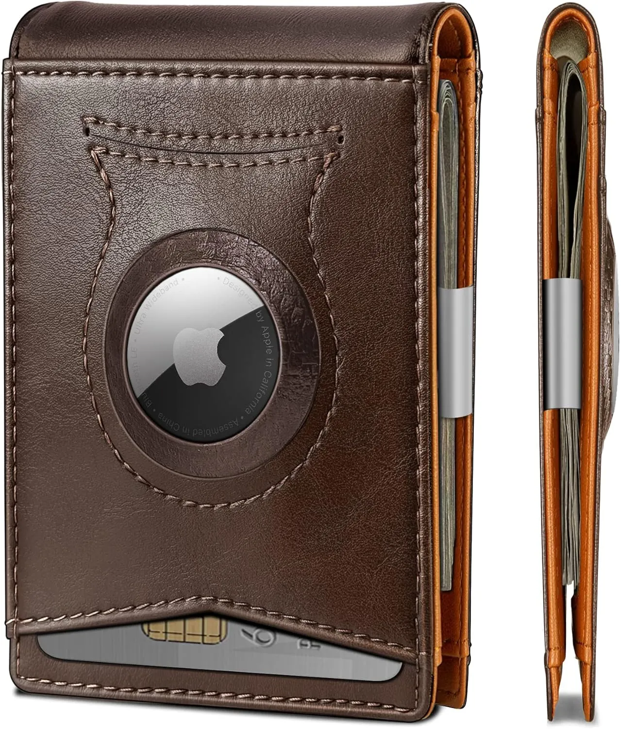 KS Mens Wallet Gift Airtag or Standard Use,Slim Front Pocket Leather Wallet Money Clip 11 cards RFID Blocking