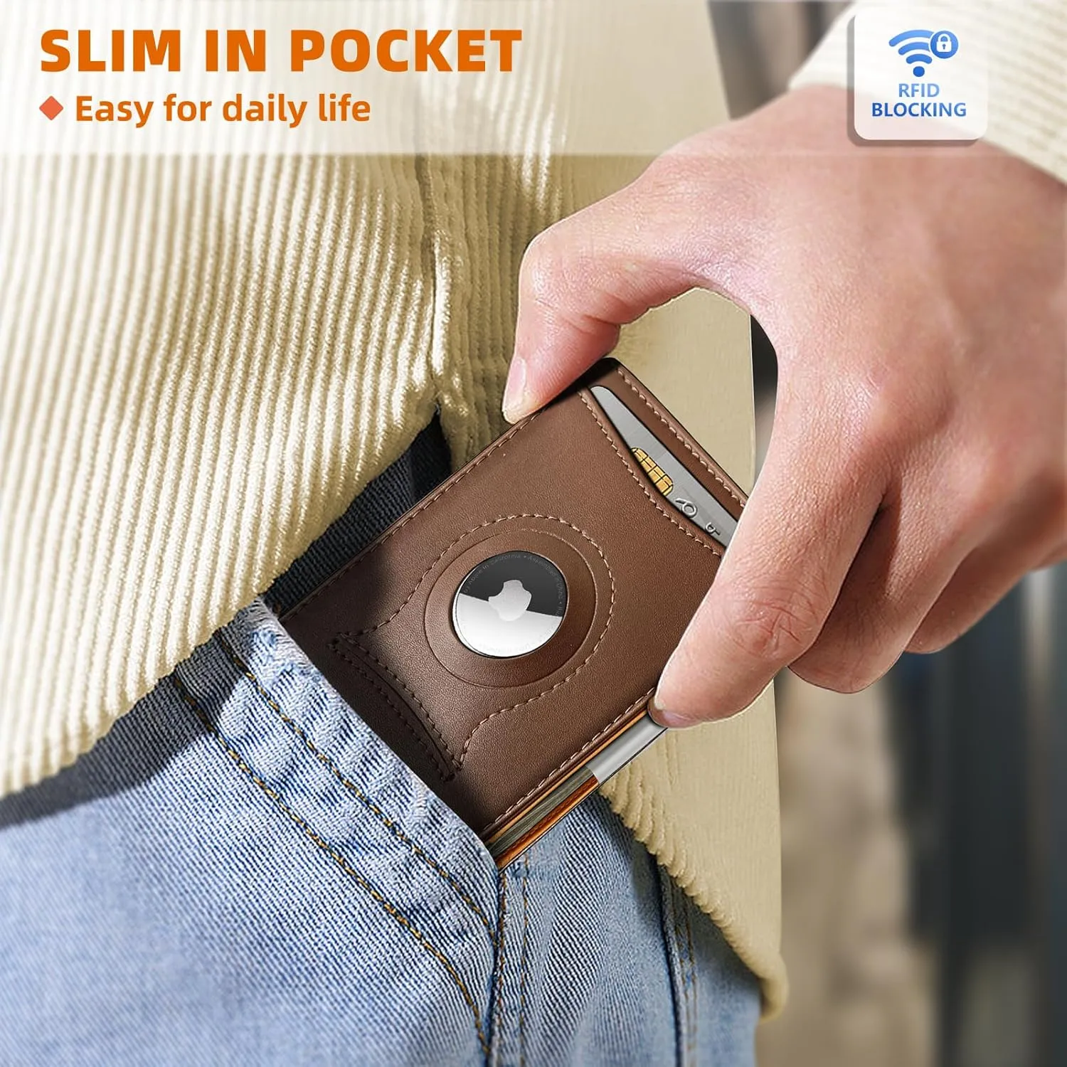 KS Mens Wallet Gift Airtag or Standard Use,Slim Front Pocket Leather Wallet Money Clip 11 cards RFID Blocking