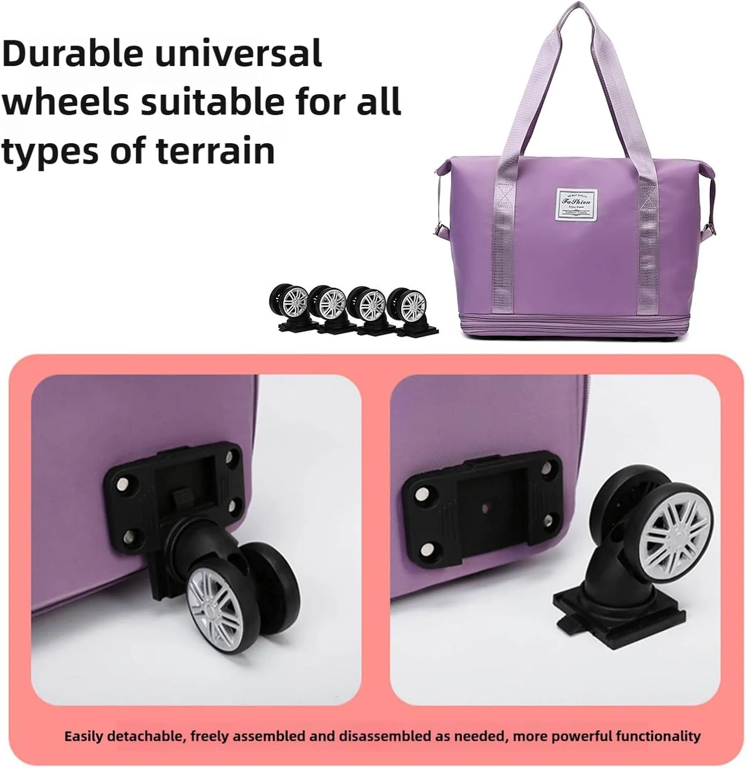 Kulken Travel Bag with Wheels, Large Expandable Foldable Duffel Bag, Waterproof Wet and Dry Separation, Universal Wheel Removable (Dark Purple)