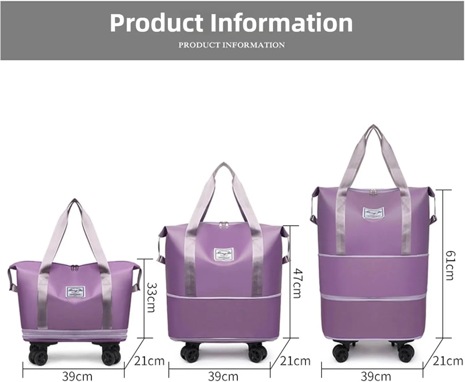 Kulken Travel Bag with Wheels, Large Expandable Foldable Duffel Bag, Waterproof Wet and Dry Separation, Universal Wheel Removable (Dark Purple)
