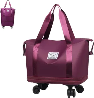 Kulken Travel Bag with Wheels, Large Expandable Foldable Duffel Bag, Waterproof Wet and Dry Separation, Universal Wheel Removable (Dark Purple)