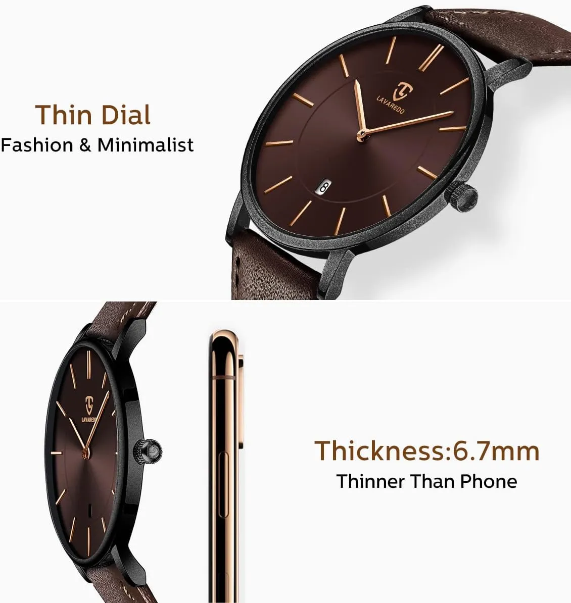 L LAVAREDO Watch for Men, Extremely Thin Mens Watches Minimalist Analog Men's Leather Wrist Watches with Time/Date, Birthday Gift for Men Boyfriend