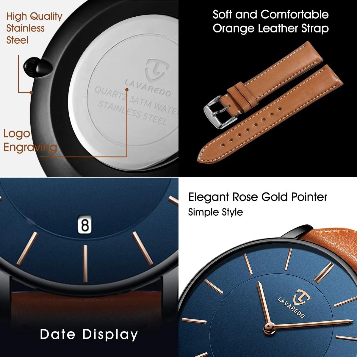 L LAVAREDO Watch for Men, Extremely Thin Mens Watches Minimalist Analog Men's Leather Wrist Watches with Time/Date, Birthday Gift for Men Boyfriend