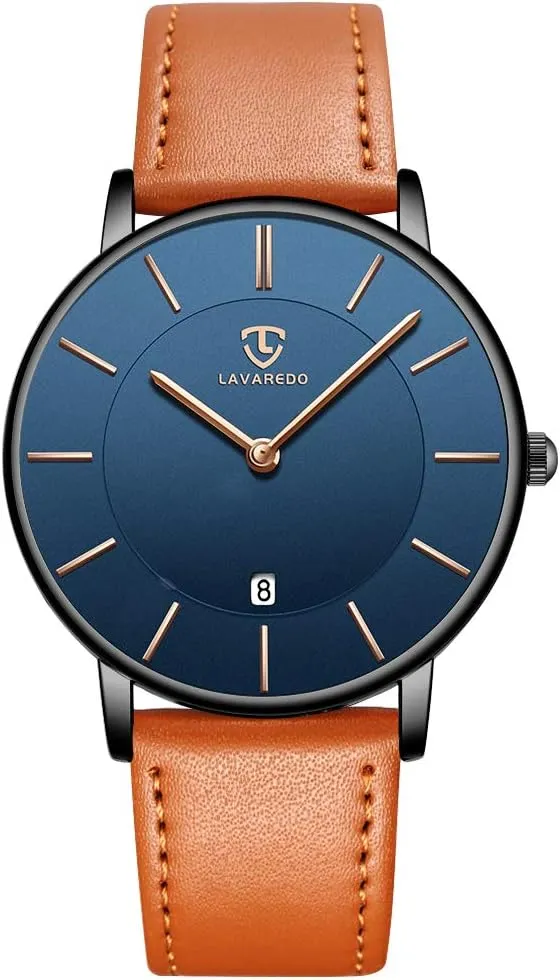 L LAVAREDO Watch for Men, Extremely Thin Mens Watches Minimalist Analog Men's Leather Wrist Watches with Time/Date, Birthday Gift for Men Boyfriend