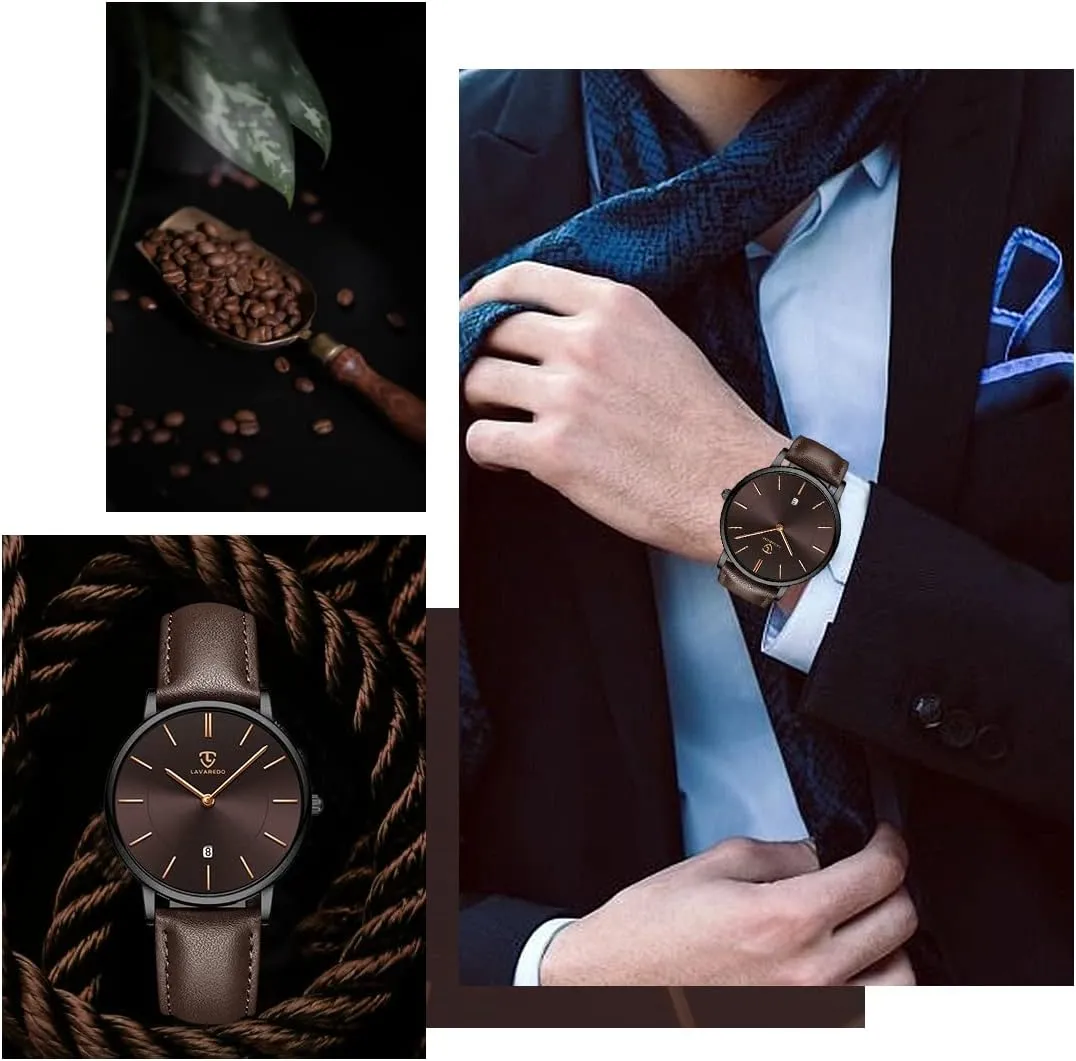 L LAVAREDO Watch for Men, Extremely Thin Mens Watches Minimalist Analog Men's Leather Wrist Watches with Time/Date, Birthday Gift for Men Boyfriend