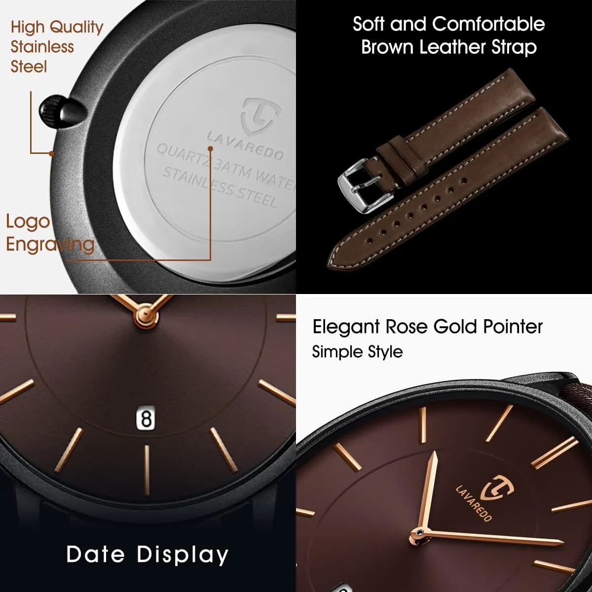 L LAVAREDO Watch for Men, Extremely Thin Mens Watches Minimalist Analog Men's Leather Wrist Watches with Time/Date, Birthday Gift for Men Boyfriend