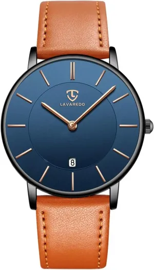 L LAVAREDO Watch for Men, Extremely Thin Mens Watches Minimalist Analog Men's Leather Wrist Watches with Time/Date, Birthday Gift for Men Boyfriend