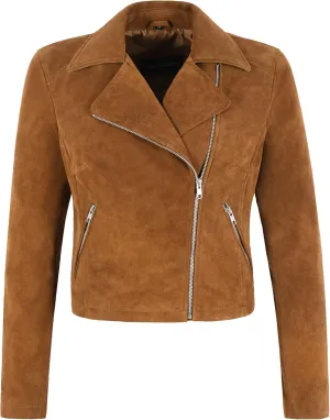 Ladies SHORT BODY Jacket Classic Tan Suede Leather Fashion Casual Biker Style Jacket 9652