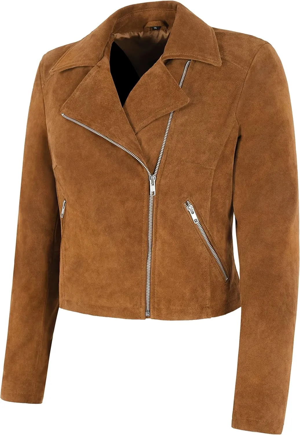 Ladies SHORT BODY Jacket Classic Tan Suede Leather Fashion Casual Biker Style Jacket 9652