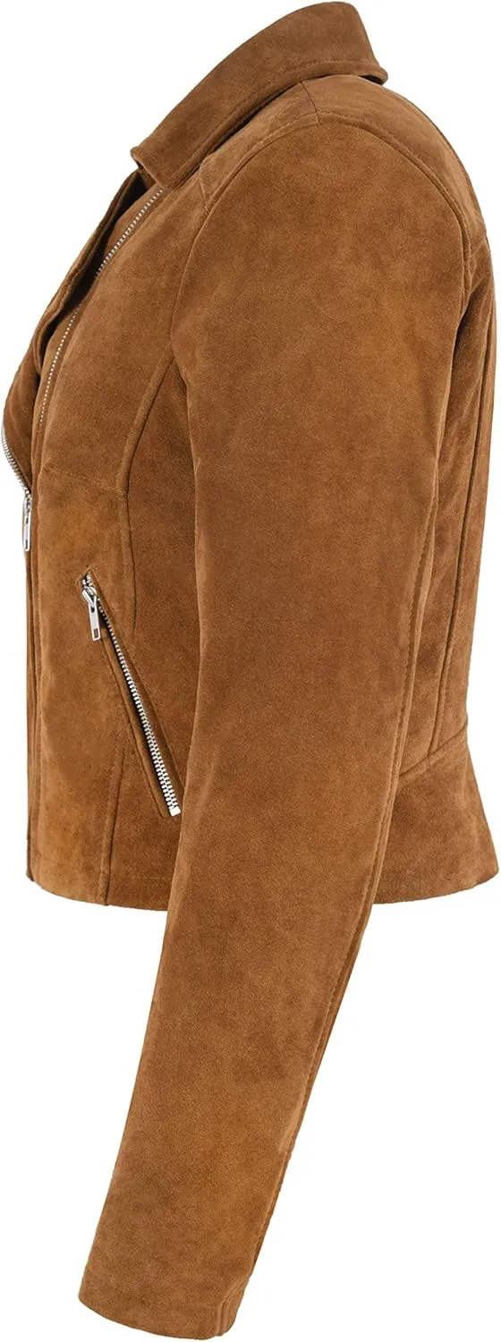 Ladies SHORT BODY Jacket Classic Tan Suede Leather Fashion Casual Biker Style Jacket 9652