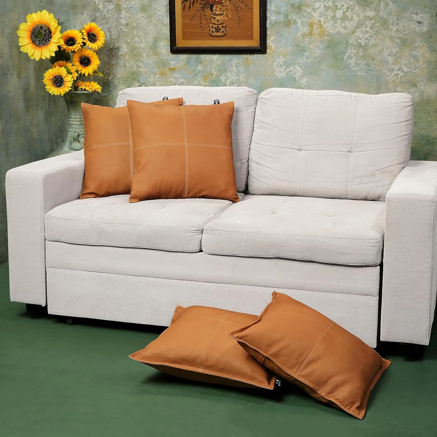 Lambskin Leather Pillow Cover - Decorative Sofa Cushion Case - Throw Covers for Living Room & Bedroom, 18" x 18" - Mustard Flavia Plain Pack of 1