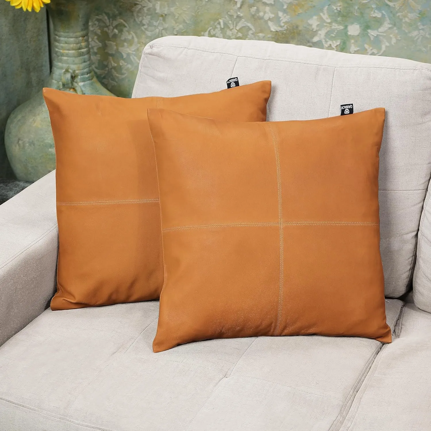 Lambskin Leather Pillow Cover - Decorative Sofa Cushion Case - Throw Covers for Living Room & Bedroom, 18" x 18" - Mustard Flavia Plain Pack of 1