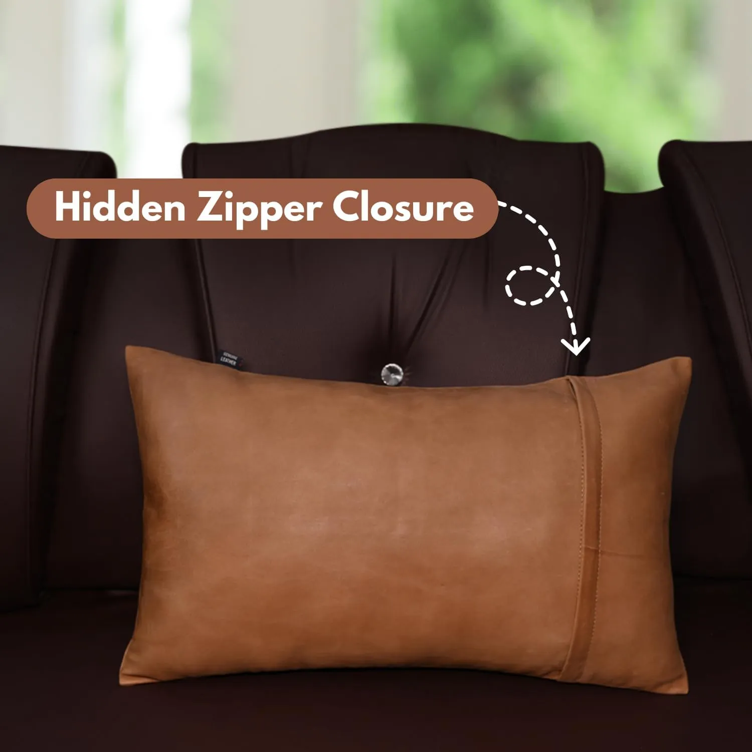 Lambskin Leather Pillow Cover - Sofa Cushion Case - Decorative Throw Covers for Living Room & Bedroom, 10X18 Inch - Antique Brown Plain Pack of 2