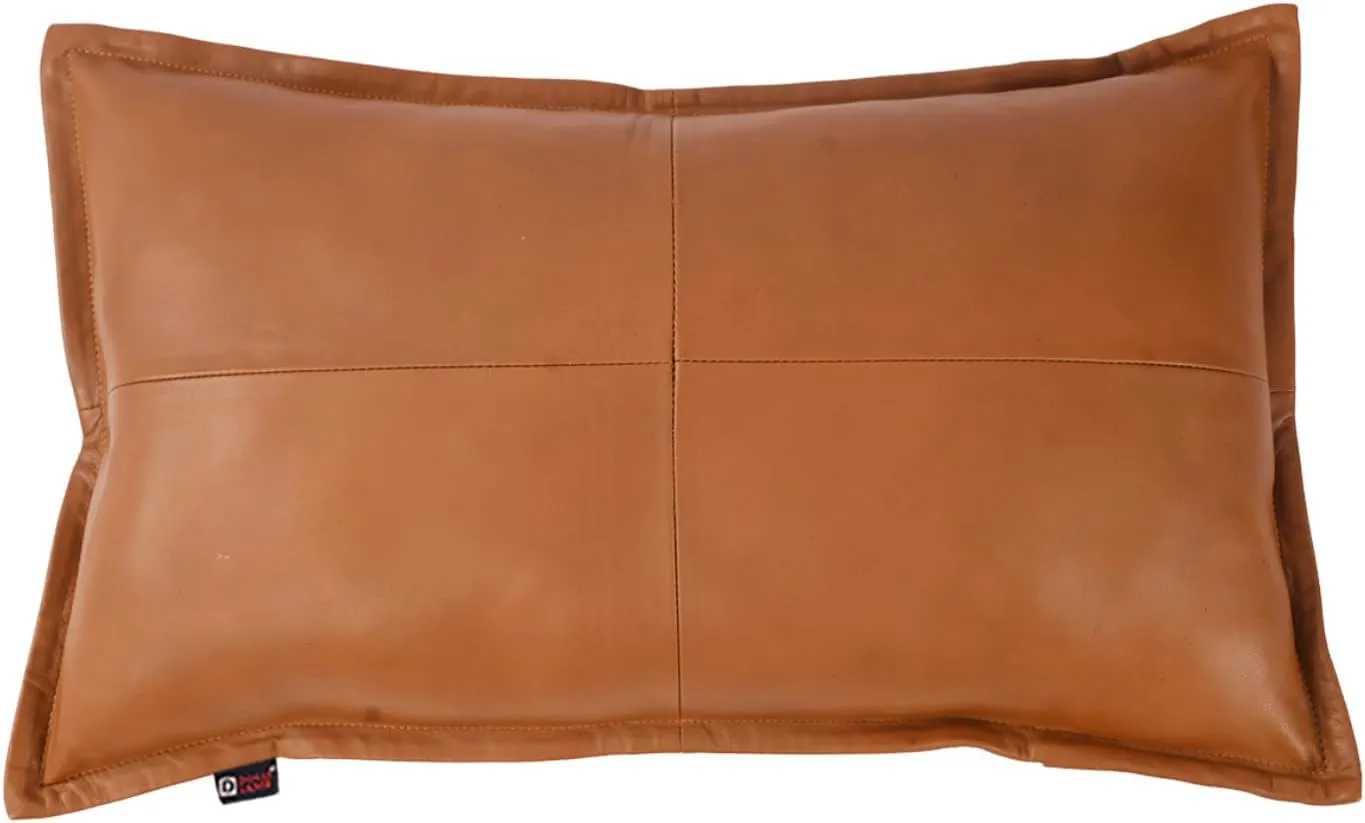 Lambskin Leather Pillow Cover - Sofa Cushion Case - Decorative Throw Covers for Living Room & Bedroom, 10X18 Inch - Camel Antique Box Pack of 2