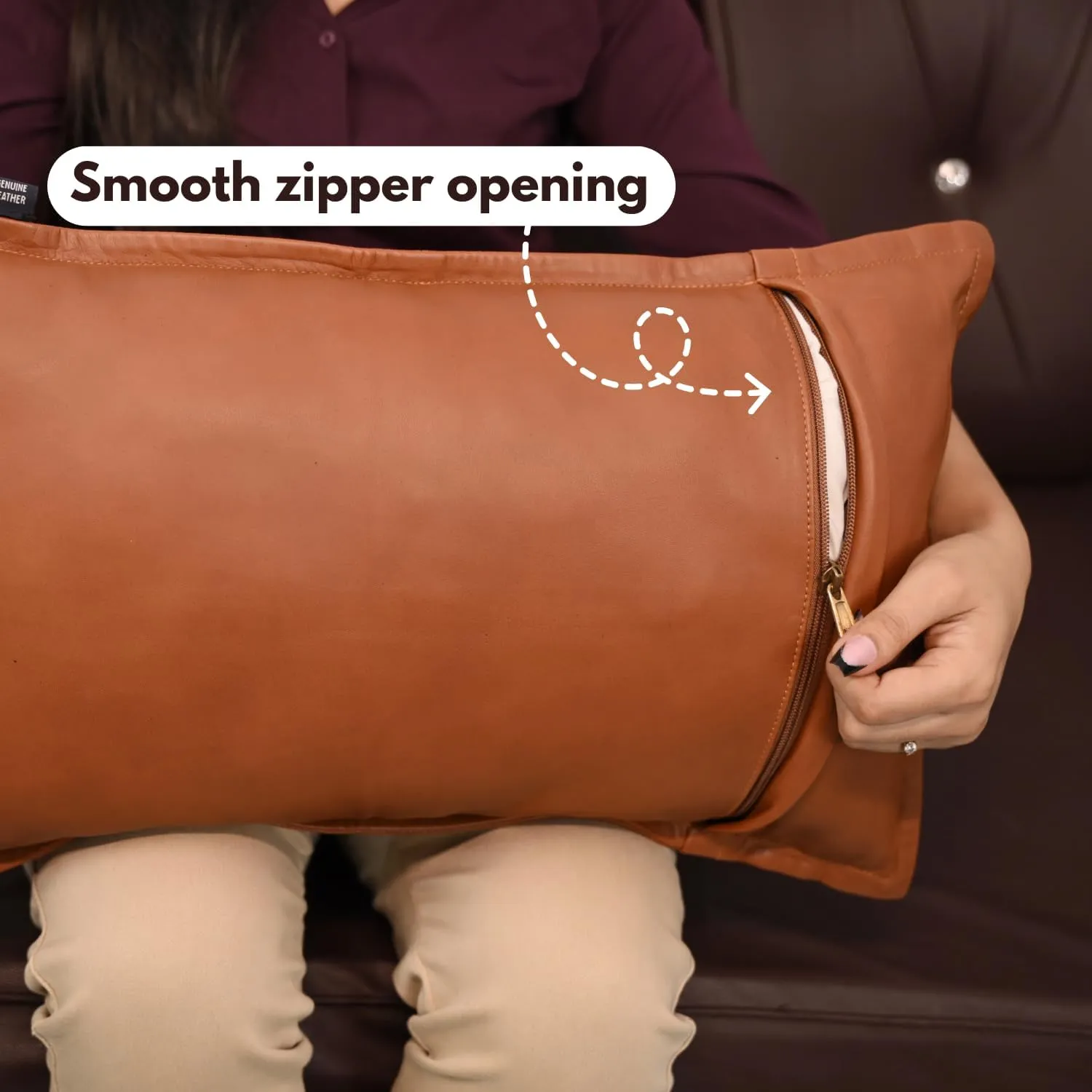 Lambskin Leather Pillow Cover - Sofa Cushion Case - Decorative Throw Covers for Living Room & Bedroom, 10X18 Inch - Camel Antique Box Pack of 2
