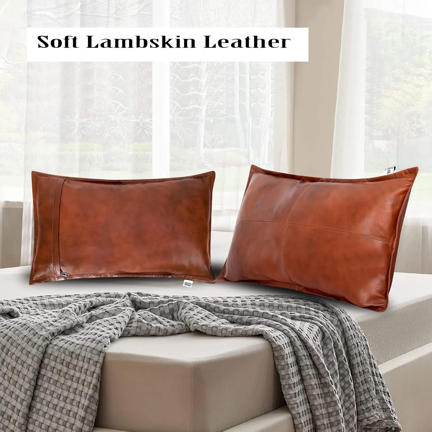 Lambskin Leather Rectangle Pillow Cover - Sofa Cushion Case - Decorative Throw Covers for Living Room & Bedroom (16X24 Inch, Tan Antique Box Pack of 2)