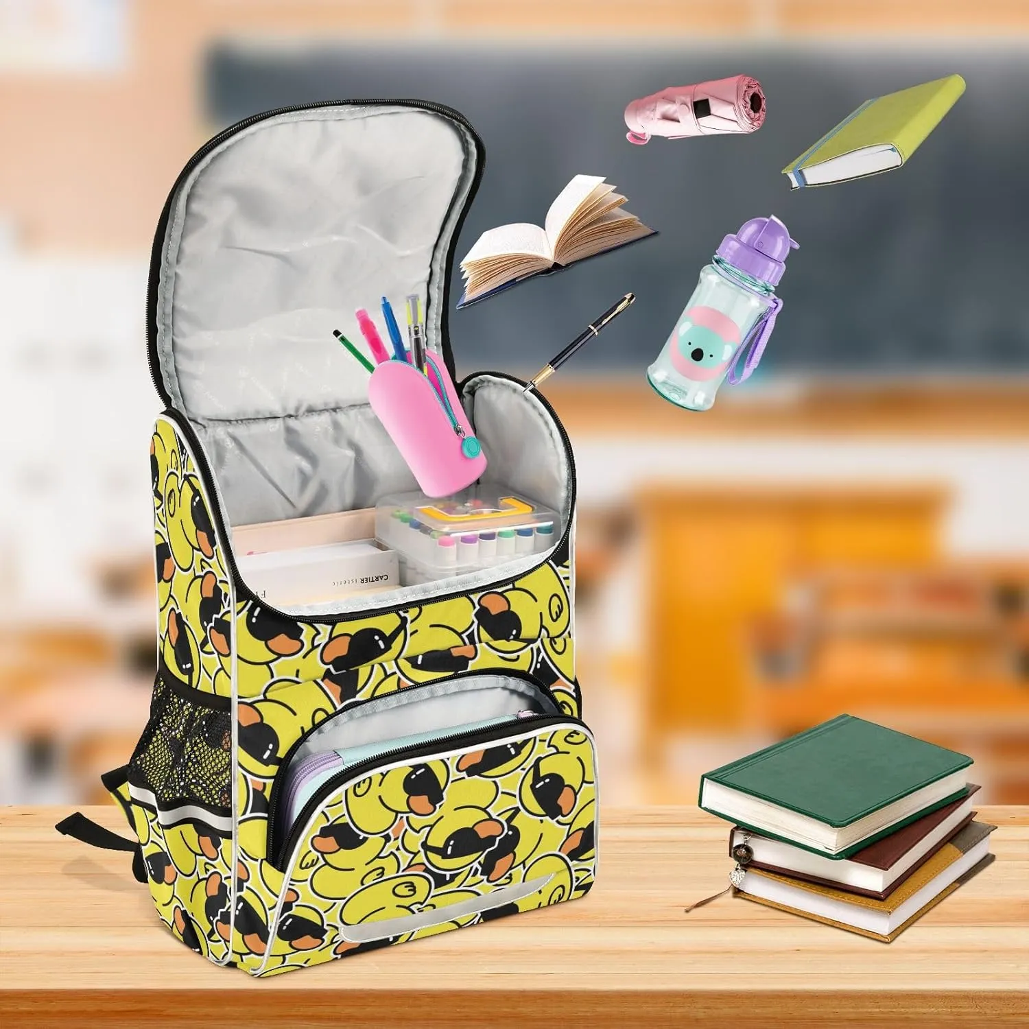Large Capacity Yellow Duck Student Backpack Cartoon Boys and Girls School Book Bag 16 Inches, Multifunctional Computer Bag School Bag Travel Shoulder Bag