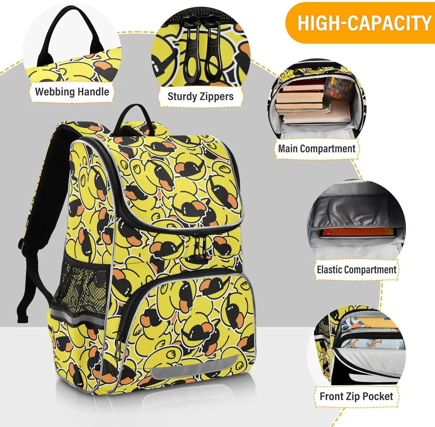 Large Capacity Yellow Duck Student Backpack Cartoon Boys and Girls School Book Bag 16 Inches, Multifunctional Computer Bag School Bag Travel Shoulder Bag
