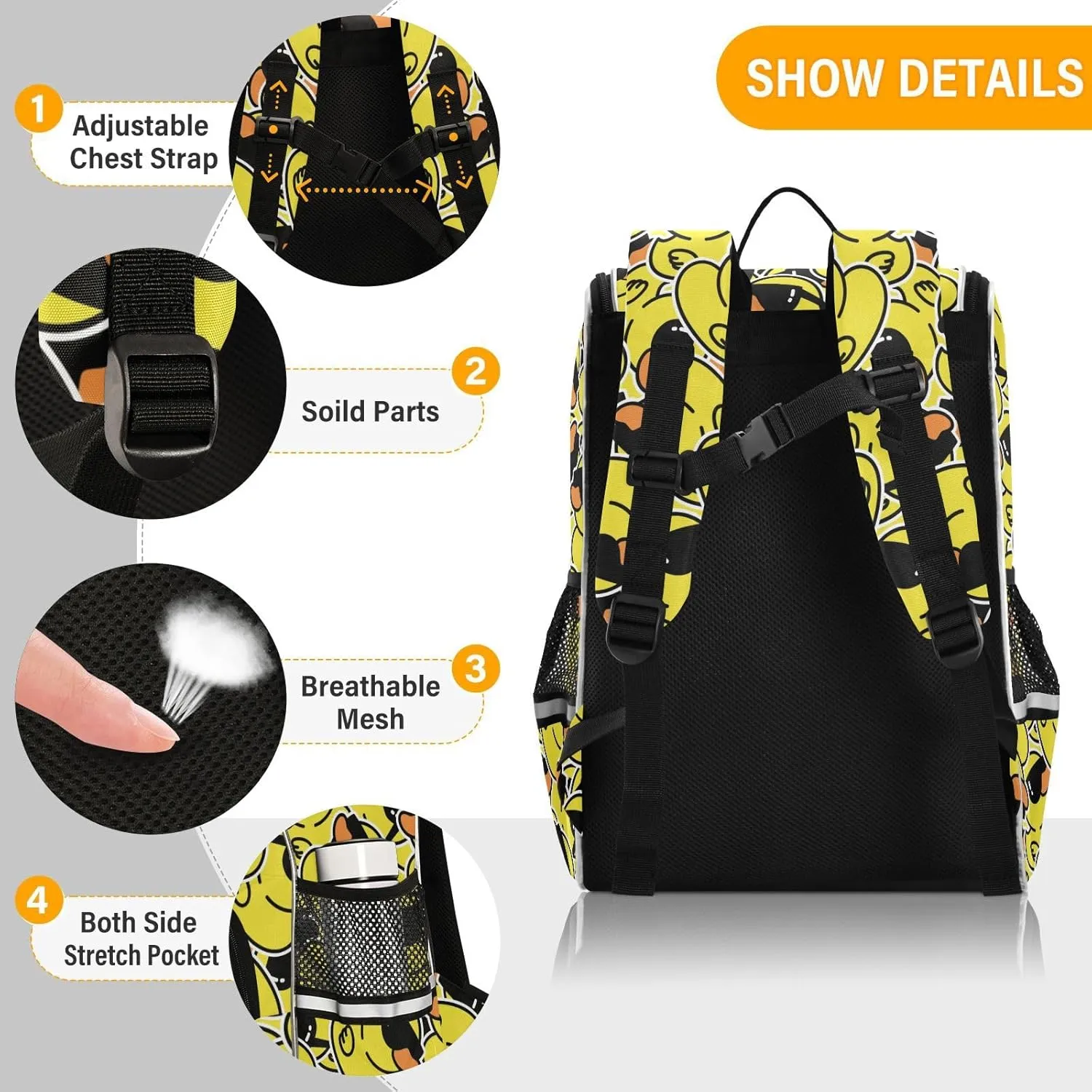 Large Capacity Yellow Duck Student Backpack Cartoon Boys and Girls School Book Bag 16 Inches, Multifunctional Computer Bag School Bag Travel Shoulder Bag