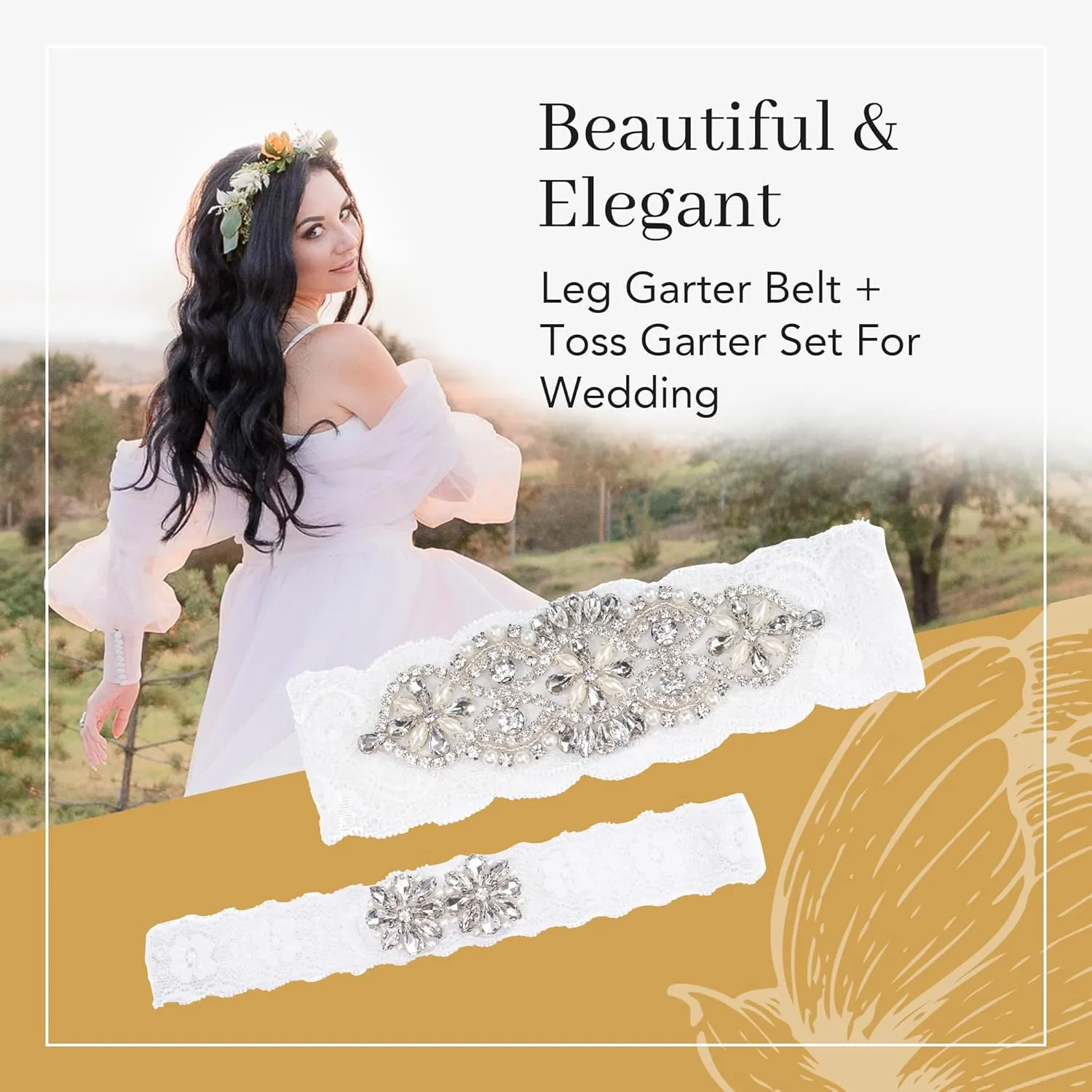 Large White Stretch Lace Wedding Leg Garter & Toss Set with Branded Luxurious Bag for Easy Storage. Made for Plus Size Woman