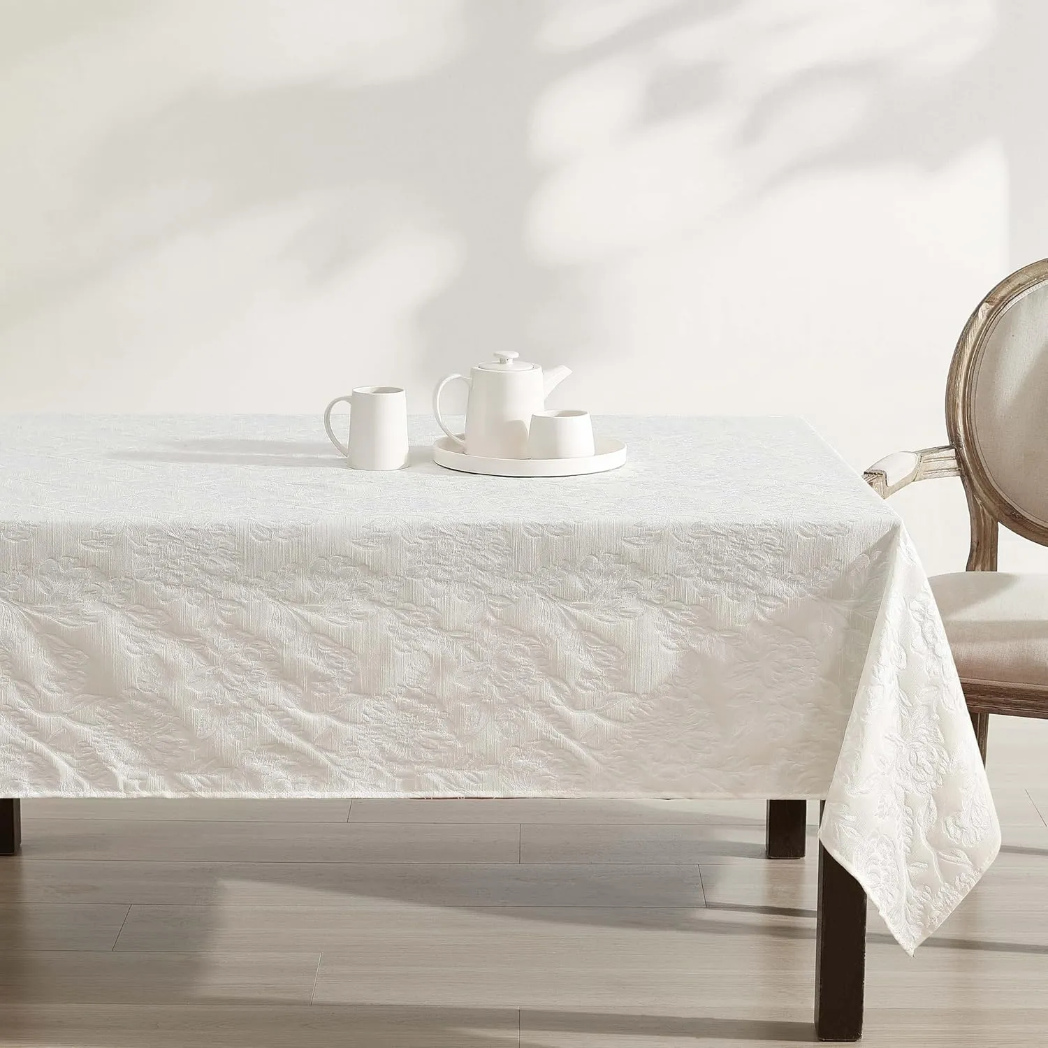 Laura Ashley Annaleigh Tablecloth Jacquard Fabric, Wrinkle Resistant for Dining, Holiday, Party, Wedding or Banquet, 60" x 84", Ivory