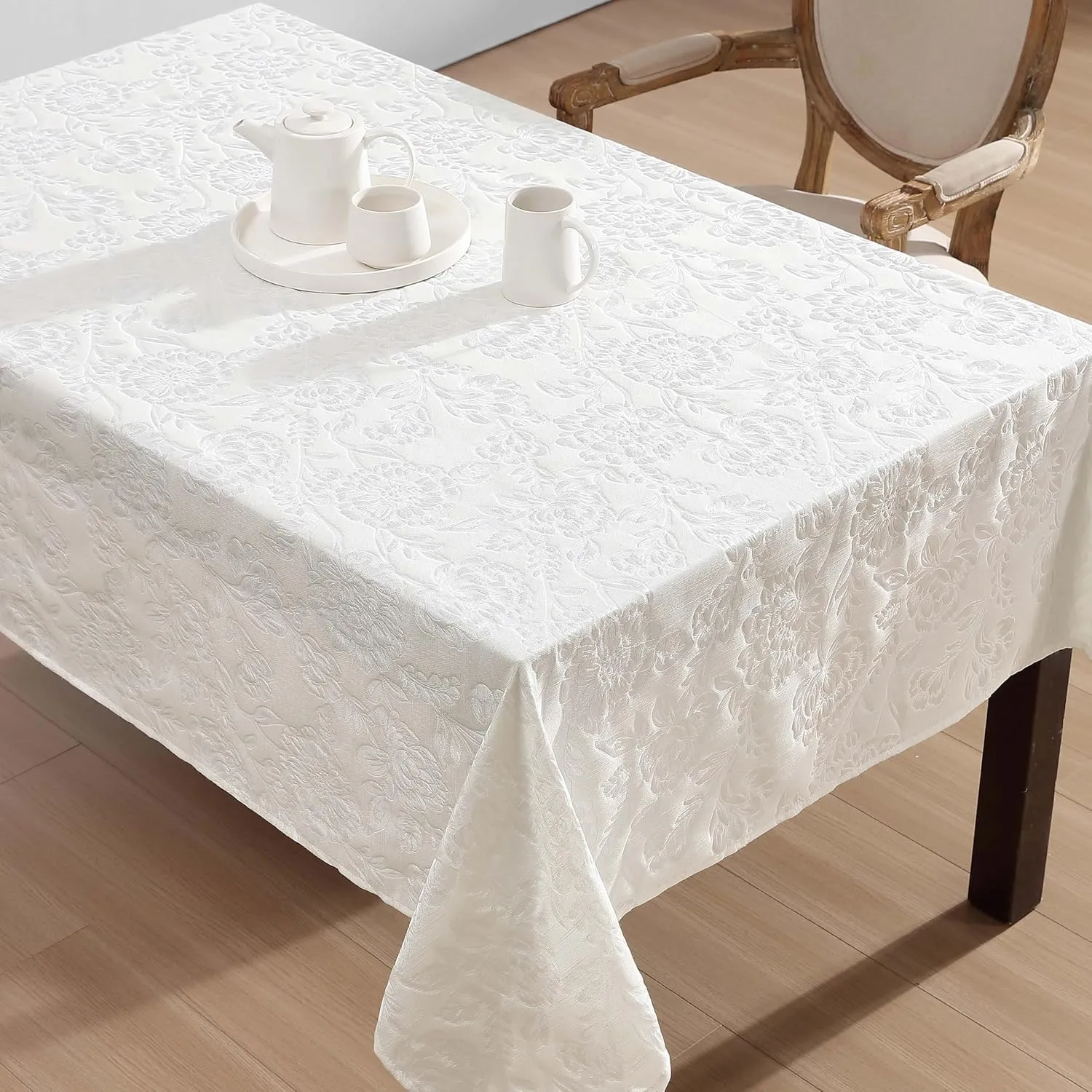 Laura Ashley Annaleigh Tablecloth Jacquard Fabric, Wrinkle Resistant for Dining, Holiday, Party, Wedding or Banquet, 60" x 84", Ivory