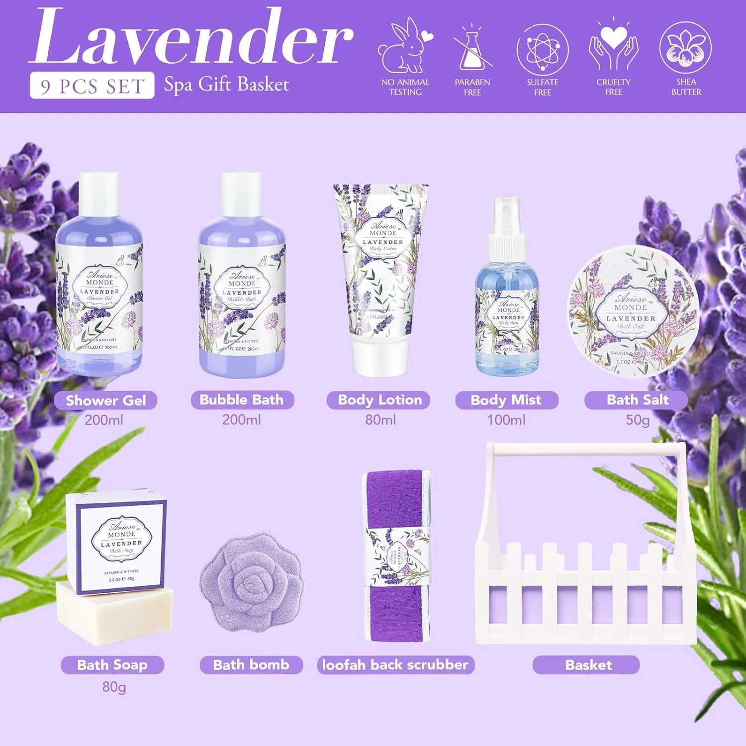Lavender & Jasmine Scented Spa Gift Set for Women, Includes Body Lotion, Shower Gel, Salts, Bubble Bath, Body Mist, Soap, Bath Bombs