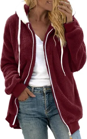 LCMTWX Womens Winter Coat Loose Solid Color Artificial Wool Zipper Drawstring Long-Sleeved Hoodie Sweater Hooded Color