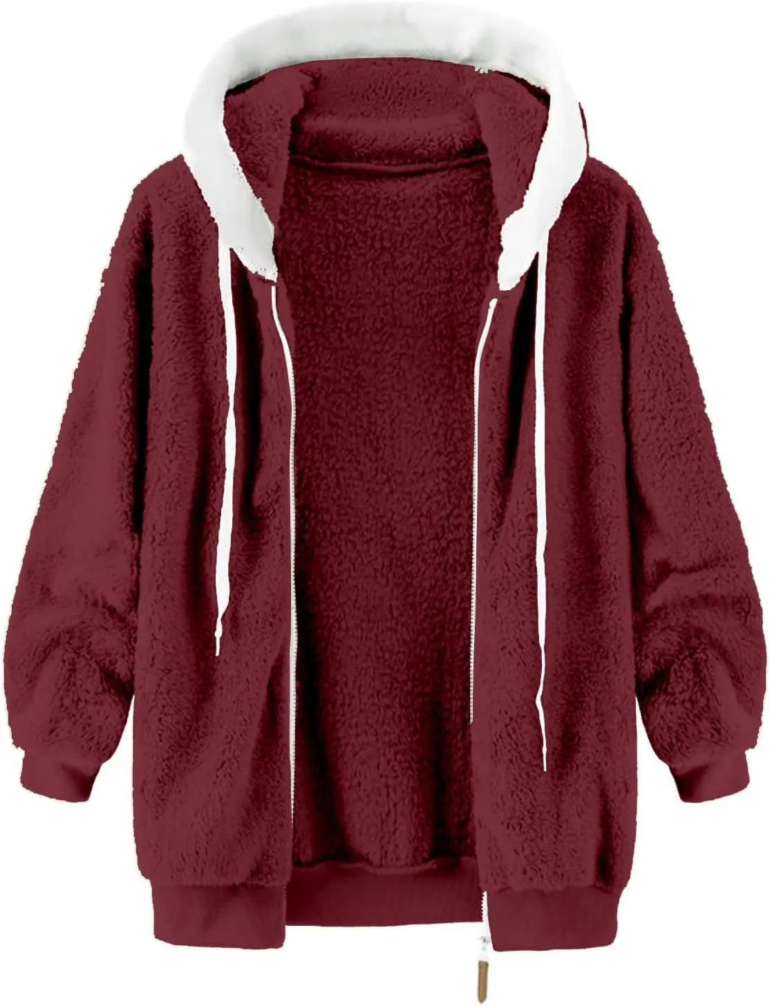 LCMTWX Womens Winter Coat Loose Solid Color Artificial Wool Zipper Drawstring Long-Sleeved Hoodie Sweater Hooded Color