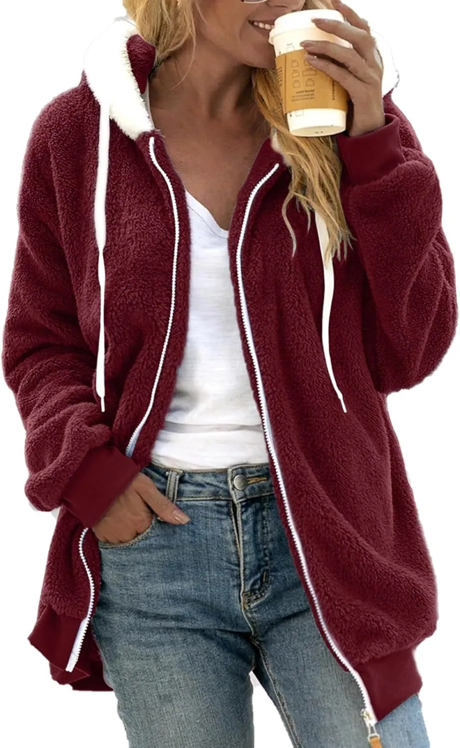 LCMTWX Womens Winter Coat Loose Solid Color Artificial Wool Zipper Drawstring Long-Sleeved Hoodie Sweater Hooded Color